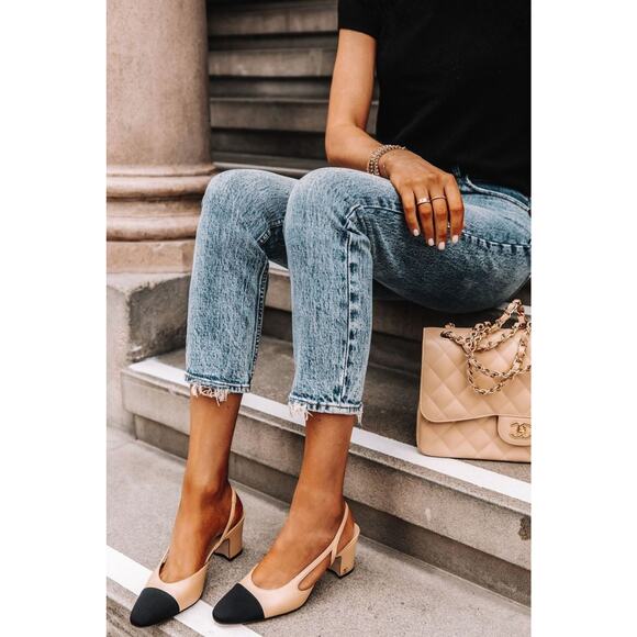 Chanel Goatskin Grosgrain Cap Toe Cc Slingback Pumps- 38.5 US 8.5 Beige/Black - Picture 4 of 4